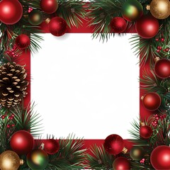 Festive Christmas frame with pine branches, red and gold ornaments, and pinecones surrounding a blank white space for text or photo.
