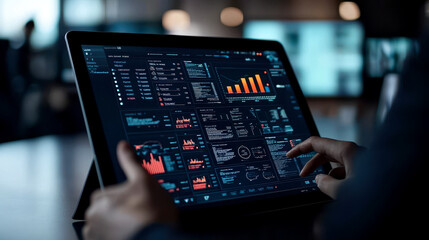 A professional analyzing data on a tablet, showcasing graphs and metrics for effective decision-making in a modern workspace.