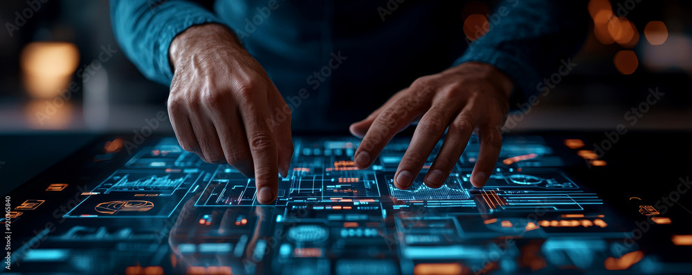 Poster close-up of hands interacting with an advanced digital interface, showcasing technology and innovati