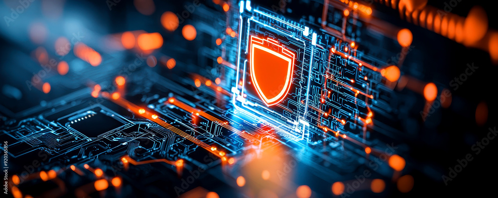 Poster close-up view of a digital shield symbol on a futuristic circuit board, representing cybersecurity a