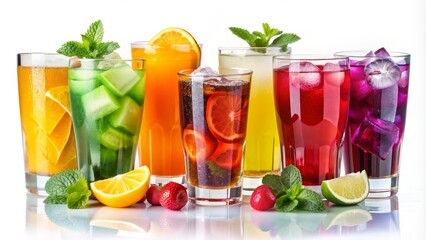 Fototapeta premium Colorful array of refreshing drinks, including juice, soda, and water, arranged on a white background, highlighting their unique shapes and vibrant colors.