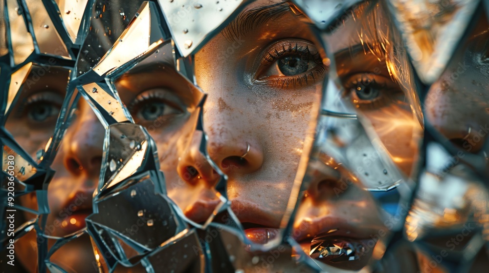 Poster a close-up of diverse faces reflected in a broken mirror, symbolizing unity despite differences, wit