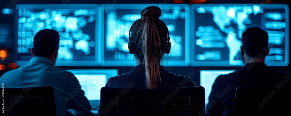 Poster three professionals monitor data screens in a modern control room, reflecting teamwork and technolog