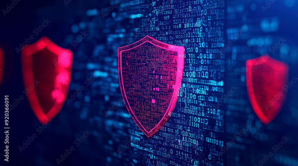 Poster vibrant digital shield icons on a binary background, symbolizing cybersecurity and data protection i