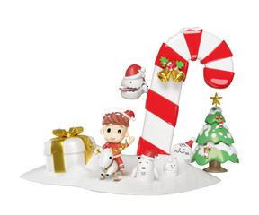 3d santa claus kids and cute monster friends with reindeer, candy cane, jingle bell,  pine tree isolated. merry christmas, happy new year, 3d render illustration