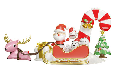 3d santa claus and cute monster friends with reindeer, sleigh, gift box, candy cane, jingle bell, pine tree isolated. merry christmas, happy new year, 3d render illustration