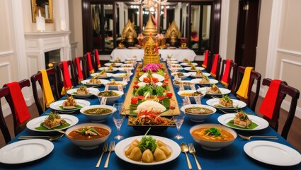 A festive table setup of a Thai dinner party with multiple dishes and traditional decor.