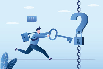 Smart businessman uses big key to unlock keyhole on question mark sign. Unlock answer for problem and questions, solution or reason to solve problem, wisdom or understanding
