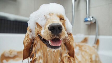 Dog getting a bath in a pet grooming salon