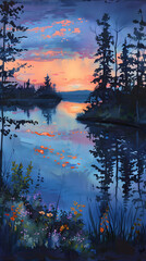 Serene Lakeside Dawn in Gouache - Tranquil Morning Reflections by the Water with Pastel Sunrise