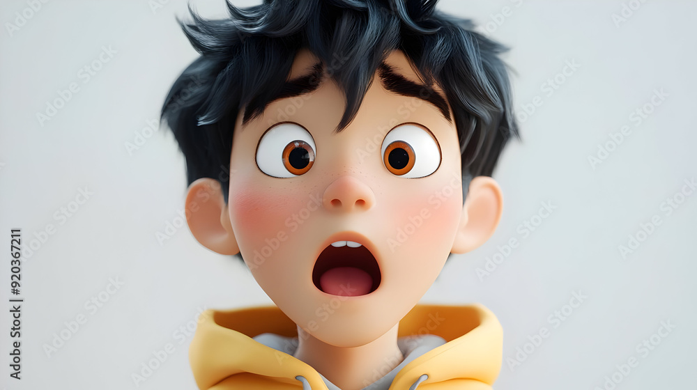 Poster a surprised animated character with expressive features and a yellow hoodie.