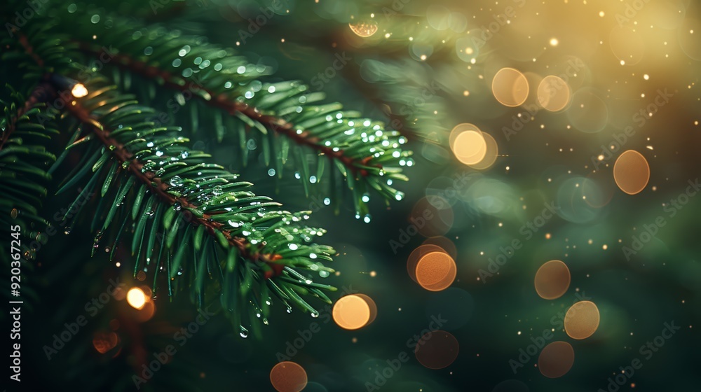 Poster raindrops on evergreen branches with soft bokeh lights in a festive setting during the holiday seaso