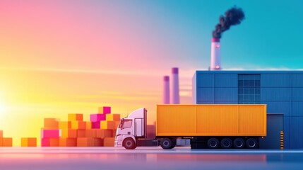 Obraz premium A freight truck with a bright yellow container is parked beside an industrial warehouse at sunrise with smoke stacks in the background.