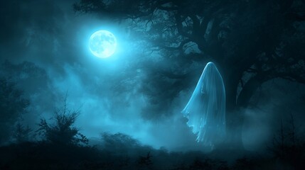 Ghost is standing on a path in a forest at night, with a full moon in the background, creating a spooky and atmospheric scene