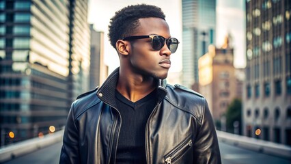 Confident young African American male wearing trendy black sunglasses and a sleek black leather jacket, exuding urban style and sophistication against a city backdrop.