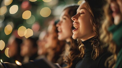 Fototapeta premium Choir Singing Christmas Carols with Green Backdrop for Festive