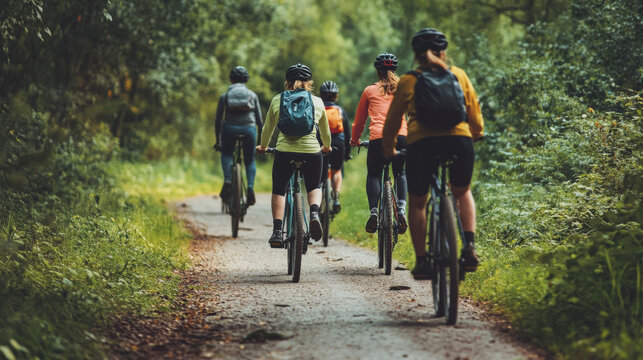 Group of people cycling on a trail in nature