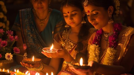 Women celebrating a festival by lighting traditional lamps, showcasing cultural heritage and vibrant decorations in a joyful atmosphere.