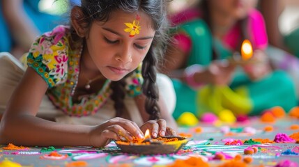 A young girl lights a traditional lamp during a festive celebration, surrounded by vibrant colors and decorations.