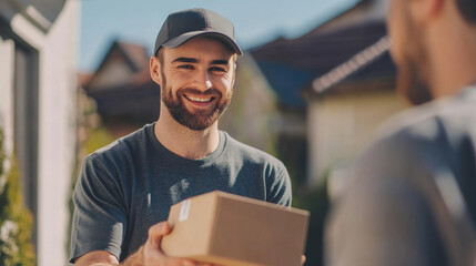 Handsome delivery man handing over a package to a happy customer