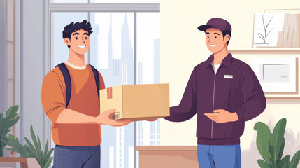 Obraz premium Handsome delivery man handing over a package to a happy customer