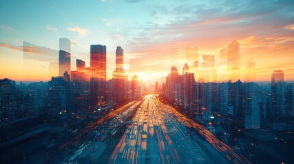 Fototapeta premium road trips filled with driving and sightseeing close up, focus on, copy space vivid hues Double exposure silhouette with iconic views