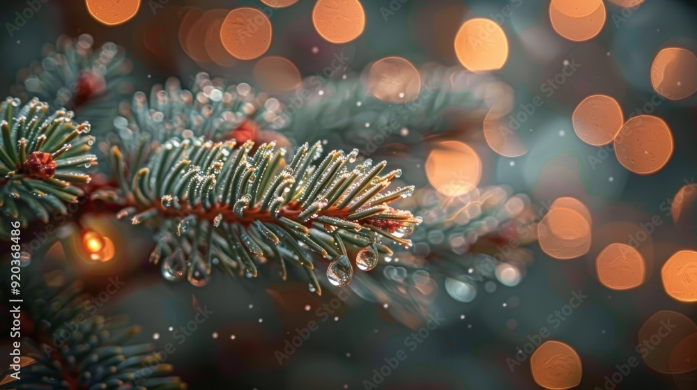 Aufkleber close-up of pine tree branch with water droplets and soft glowing lights in the background during wi