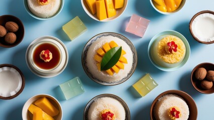 Top view of a colorful array of Thai desserts.