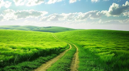 Lush grass carpets the landscape, creating a picturesque scene with a paved road snaking through the distance.