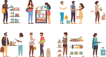 Obraz premium Set of different customers in a grocery store. People make purchases of food and drinks Vector flat illustrations on a white background