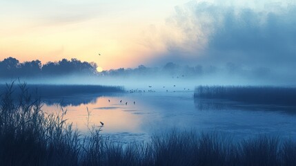 Fototapeta premium Misty Sunrise over Still Water