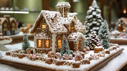 Illuminated Gingerbread House in Snowy Winter Landscape with Green Backdrop