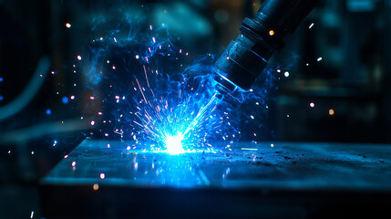 Industrial welding process with bright blue sparks