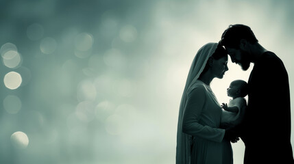 Silhouetted Nativity with Embracing Family on Blurred Green Background © SuriyaPhoto