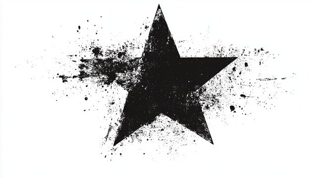 Grunge-style black star with splattered ink effect on a white background, bold, artistic, edgy, abstract, modern.