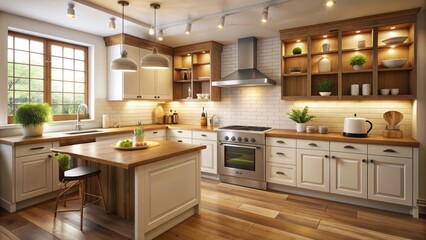 Fototapeta premium Cozy modern kitchen features decorative wooden frames on cream-colored walls, above crisp white countertops and stainless steel appliances, amidst warm ambient lighting.