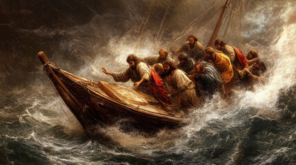 Jesus calming the storm while on a boat with his disciples