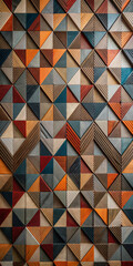A colorful geometric pattern made up of triangles with textured surfaces, featuring a mix of red, green, white, and beige tones, arranged in a modern abstract design