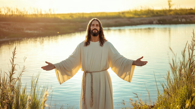 Jesus Christ standing by a serene lake with open arms