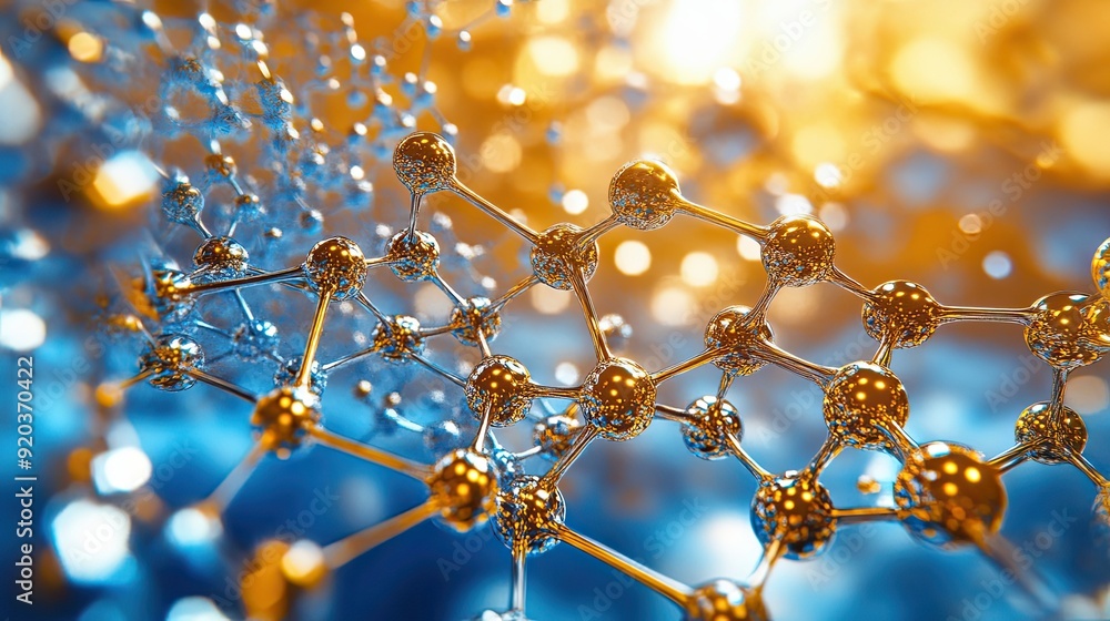 Poster close-up of a shiny metallic molecular structure with a blue and yellow bokeh background