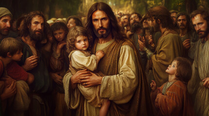 Fototapeta premium Jesus holding a child in his arms, surrounded by a crowd