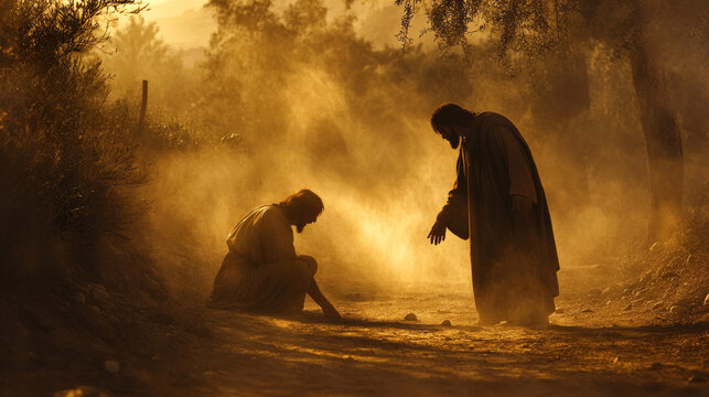 Jesus healing a blind man on a dusty road