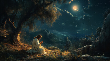 Jesus praying in the Garden of Gethsemane at night