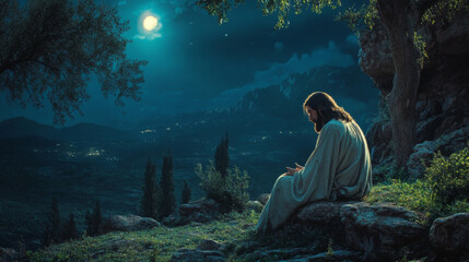 Jesus praying in the Garden of Gethsemane at night