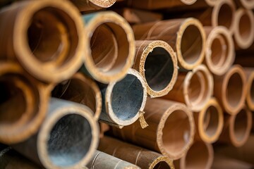 Close-Up of Stacked Pipes Showcasing Various Textures and Colors