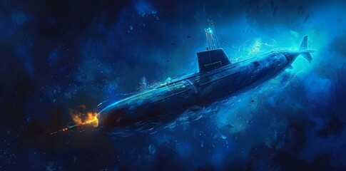 Obraz premium A lone submarine ventures into the blue abyss, symbolizing marine discovery.