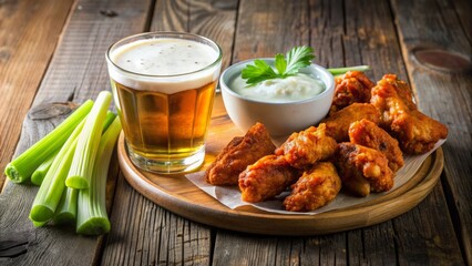 Crisp cold beer accompanies platter of savory buffalo wings with celery sticks and blue cheese dressing on rustic wooden table.