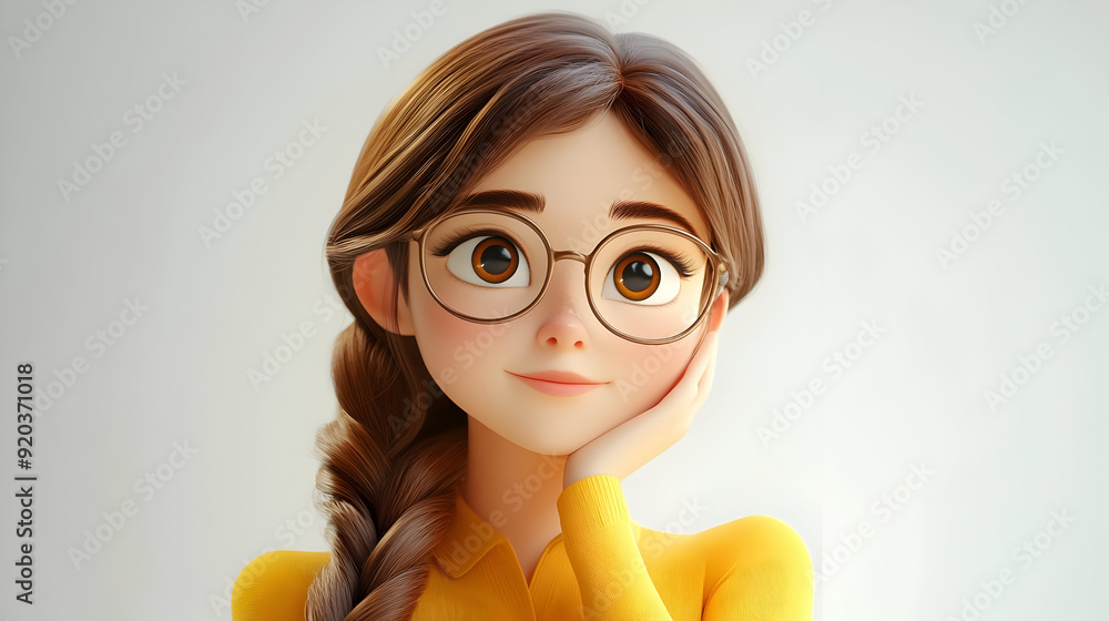 Poster a cheerful animated character with glasses, showcasing a friendly expression and stylish attire.