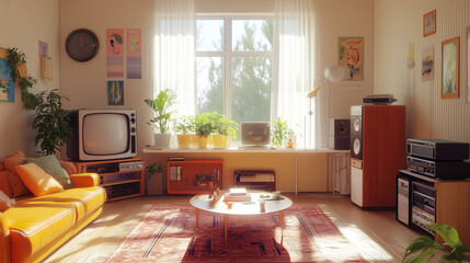 90s Asian style home decor interior design living room with a sleek lounge sofa, Japanese, Korean and Chinese 