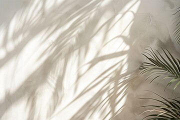 Serene Abstract Backdrop with Soft Focus Blurred Palm Tree Shadows on White Wall